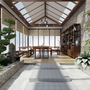 中式茶室露台植物 柜子